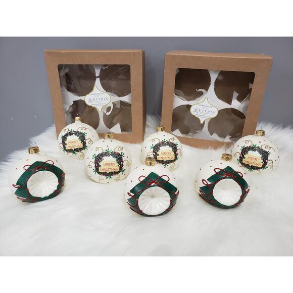 Lot 7 VITBIS Christmas Ornaments glitter Glass Round 3" Indent milk tree painted - Picture 1 of 14